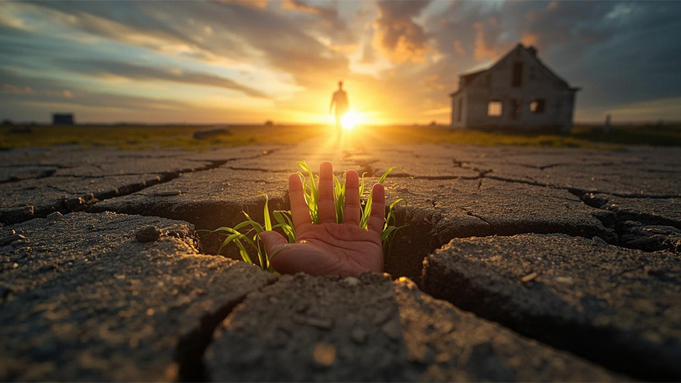 A hand breaking through a layer of dry, cracked earth. Sunlight streams into the crevice, illuminating green shoots curling around the fingers. In the background, a faint silhouette of a person is walking away from